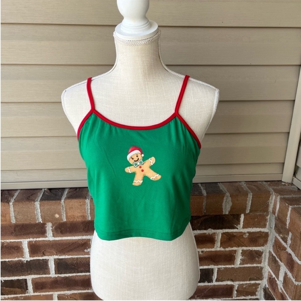 NWT Gingerbread man Christmas tank crop top green with red straps